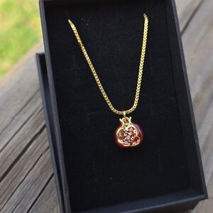Pomegranate Red Enamel Pendant Necklace With Delicate Seeds Set In Gold Charm